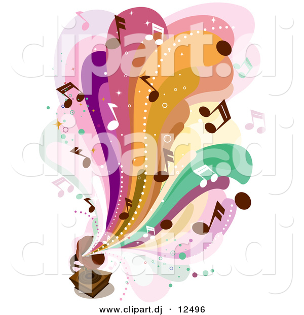 Vector Clipart of Colorful Waves of Music Notes Flowing out from an Old Gramophone