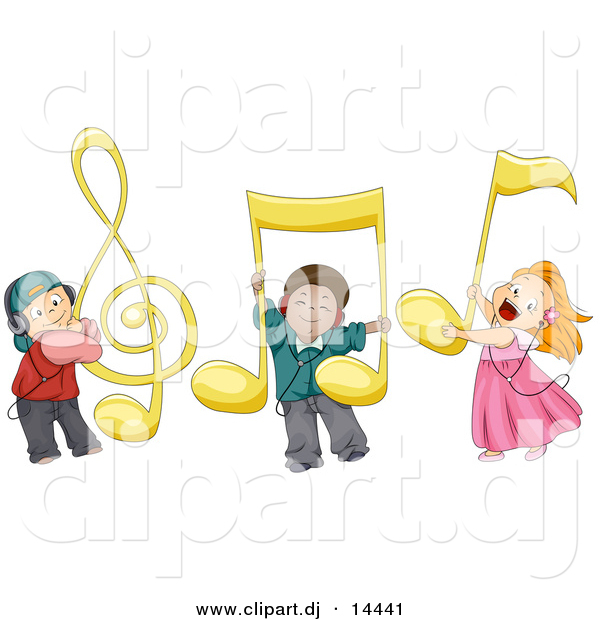 Vector Clipart of Diverse Cartoon Kids with Large Music Notes