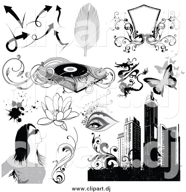 Vector Clipart of Grayscale Urban and Music Designs