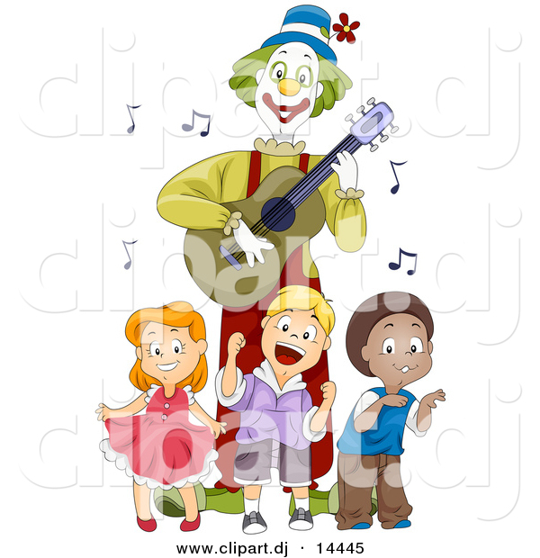 Vector Clipart of Happy Cartoon Kids Dancing with Clown Playing Guitar