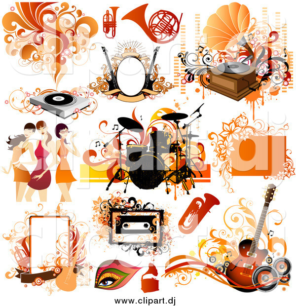 Vector Clipart of Orange Musical Instruments, Women and Design Elements