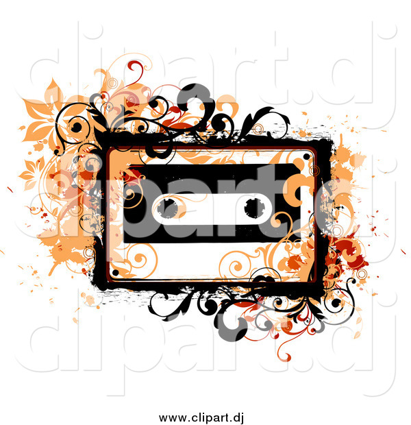 Vector Clipart of Orange Vines and Grunge Splatters Around a Cassette Tape