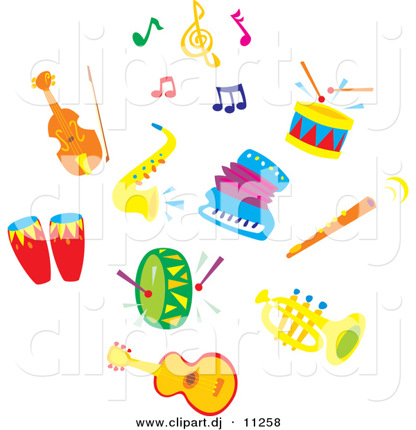 Vector Clipart of Sax, Accordion, Colorful Music Notes, a Cello or Violin, Drums, Flute, Tuba and Guitar - Cartoon Digital Collage Set