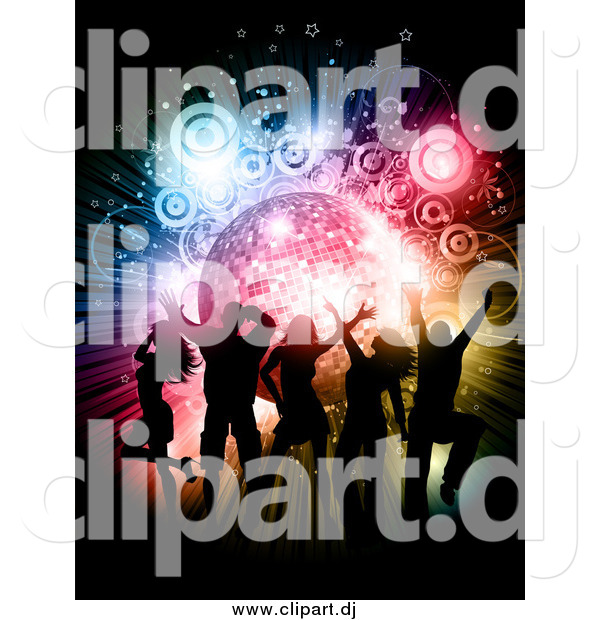 Vector Clipart of Silhouetted Fun People Dancing over a Disco Burst with Circles and Stars