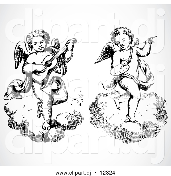 Vector Clipart of Two Angels, One Playing Music, While Floating on Clouds - Black and White