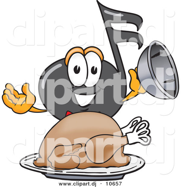 Vector of a Cartoon Music Note Serving a Thanksgiving Turkey on a Platter