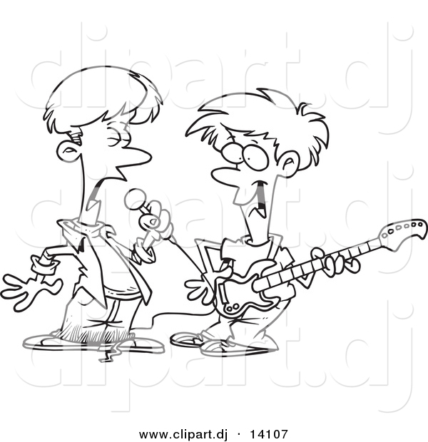 Vector of Cartoon Boys Singing and Playing a Guitar in a Band - Coloring Page Outline