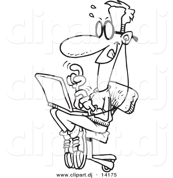 Vector of Cartoon College Boy Using a Laptop - Coloring Page Outline