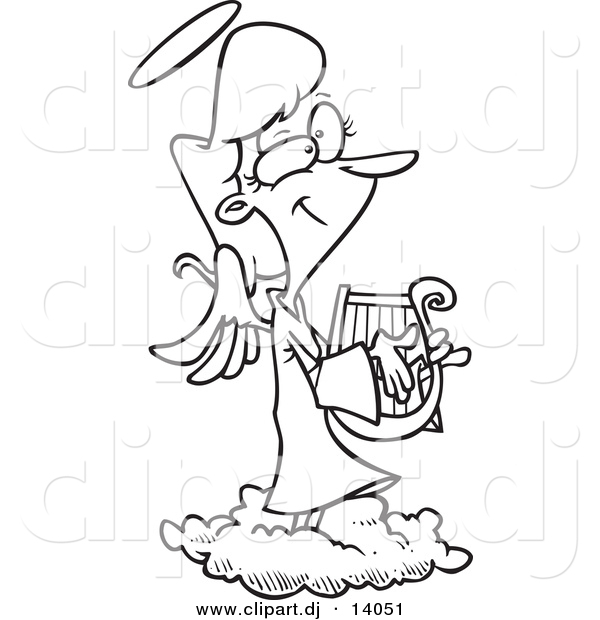 Vector of Cartoon Female Angel Playing a Lyre - Coloring Page Outline