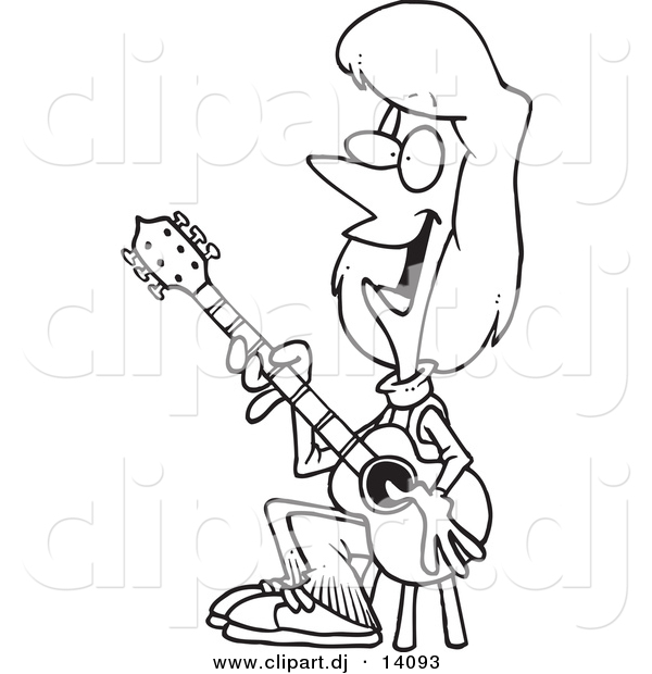 Vector of Cartoon Female Guitarist Sitting on a Stool - Coloring Page Outline