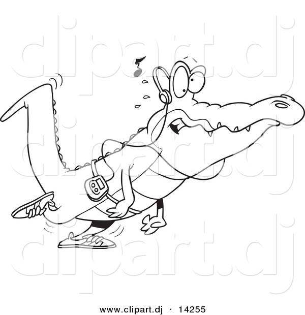 Vector of Cartoon Gator Walking and Listening to Music - Coloring Page Outline