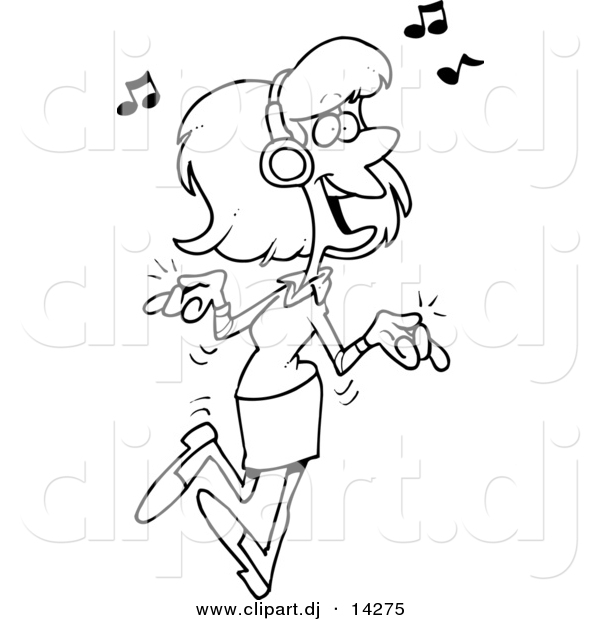 Vector of Cartoon Girl Dancing and Listening to Music - Coloring Page Outline