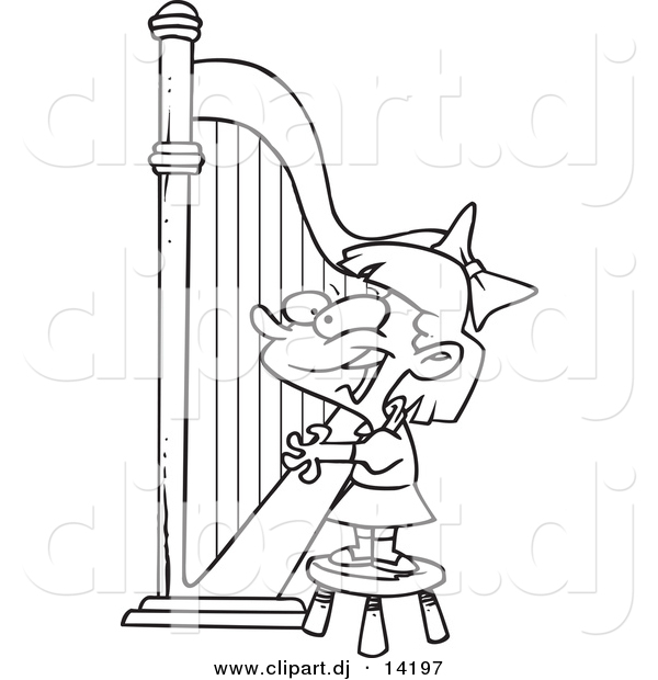 Vector of Cartoon Girl Playing a Harp - Coloring Page Outline