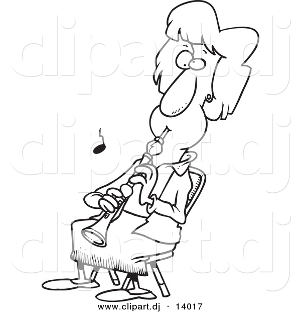 Vector of Cartoon Girl Sitting and Playing an Oboe - Coloring Page Outline