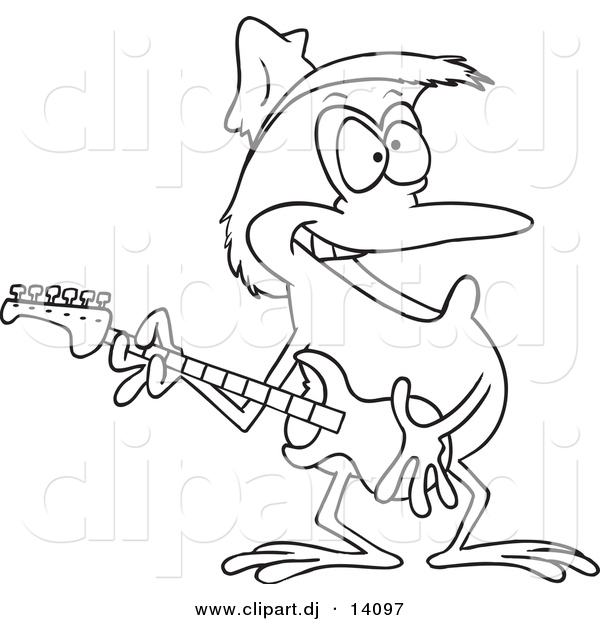 Vector of Cartoon Guitarist Frog Wearing a Straw Hat - Coloring Page Outline