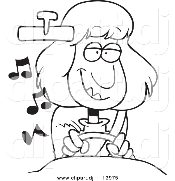 Vector of Cartoon Happy Girl Listening to Music While Driving a Car - Coloring Page Outline