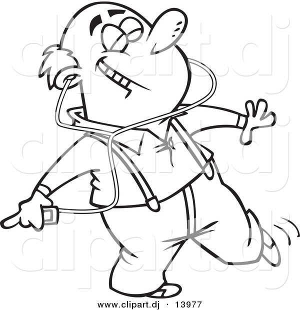 Vector of Cartoon Happy Man Dancing and Listening to Music on an Mp3 Player - Coloring Page Outline