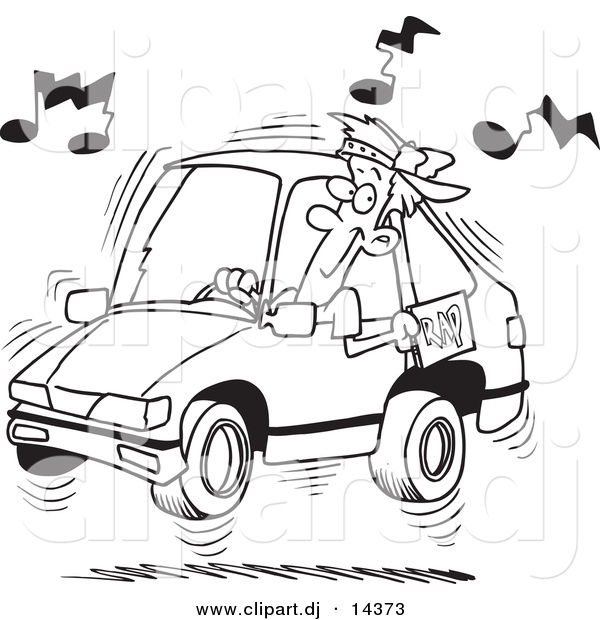 Vector of Cartoon Man Blaring Rap Music in His Car - Coloring Page Outline