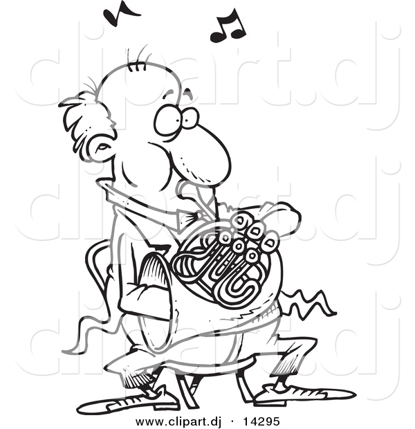Vector of Cartoon Man Blowing into a French Horn - Coloring Page Outline