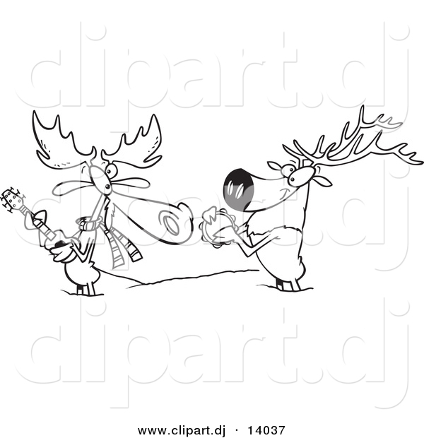 Vector of Cartoon Moose and Elk Jamming in the Snow - Coloring Page Outline