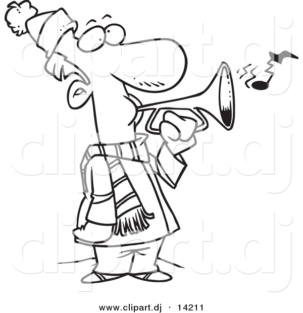 Vector of Cartoon Winter Man Playing a Horn - Coloring Page Outline