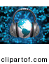 3d Clipart of a Blue Globe Wearing Headphones over Blue Music Notes Background by