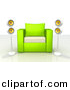 3d Clipart of a Green and White Chair Centered Between 2 Surround Sound Speakers by