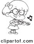 Cartoon Vector Clipart of a School Girl Playing Violin - Coloring Page Outline - Black and White by Toonaday