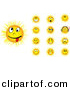 Vector Clipart of 13 Unique Yellow Cartoon Sun Smiley Faces - 1 Is Character Listenting to Music Through Wireless Headphones by Andrei Marincas