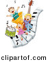 Vector Clipart of a 3 Happy Kids Playing on Piano Keys with Music Notes and Instruments - Cartoon Design by BNP Design Studio