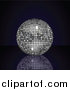Vector Clipart of a 3d Platinum Silver Disco Ball Suspended over a Reflective Surface over a Black Background by Elaineitalia
