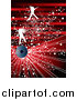 Vector Clipart of a Background of Silhouetted White Jumping Girls, a Speaker, Rays and Stars over a Red Burst by MilsiArt