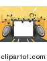 Vector Clipart of a Blank Display with Music Speakers, Vines and a City Skyline on Orange by L2studio
