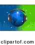 Vector Clipart of a Bright Blue Disco Globe Wearing Headphones over a Green and Blue Equalizer Background by Elaineitalia