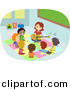 Vector Clipart of a Cartoon Teacher Playing Music to a Diverse Group of Students by BNP Design Studio