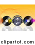 Vector Clipart of a Disco Ball Wearing Headphones, Waves and Vinyl Records on Orange by Elaineitalia