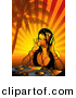 Vector Clipart of a Dj Girl Working Dual Record Turn Table Under Palm Trees with Orange Rays Background by Dero