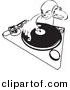 Vector Clipart of a DJ Mixing Records While Holding Headphone up to His Ear - Black and White Line Drawing by AtStockIllustration
