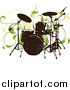 Vector Clipart of a Grungy Drum Set and Green Vines on a White Background by OnFocusMedia