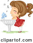 Vector Clipart of a Happy Cartoon Blue Bird Singing to a Girl Listening and Leaning Against a Bird Bath by BNP Design Studio
