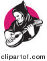 Vector Clipart of a Hooded Man Playing a Banjo over a Pink Circle by Patrimonio