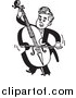 Vector Clipart of a Retro Black and White Male Musician Facing Left and Playing a Bass by BestVector