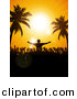 Vector Clipart of a Silhouetted Disk Jockey and Partygoers Against a Tropical Beach Sunset Sky with Palm Trees by Elaineitalia