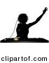 Vector Clipart of a Silhouetted Female DJ Mixing a Record on a Turntable While Dancing with Headphones on by Elaineitalia