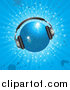 Vector Clipart of a Sparkling 3d Blue Disco Ball Wearing Headphones, over a Sparkling Blue Grunge Background by Elaineitalia