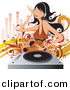 Vector Clipart of a White Girl Dancing While Listening to Music on a Vinyl Record Through Headphones by OnFocusMedia