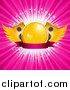 Vector Clipart of a Winged Gold Disco Ball with Speakers over a Blank Banner and a Burst of Rays by Elaineitalia