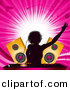 Vector Clipart of an Energetic Female DJ Mixing Records at a Party with Speakers and a Pink Background by Elaineitalia