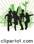 Vector Clipart of Silhouetted Guys in a Band, Rocking out and Playing a Guitar Against a Green Background by OnFocusMedia