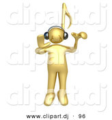 3d Cartoon Clipart of a Gold Man with Music Note Head, Listening to Tunes Through Headphones by 3poD